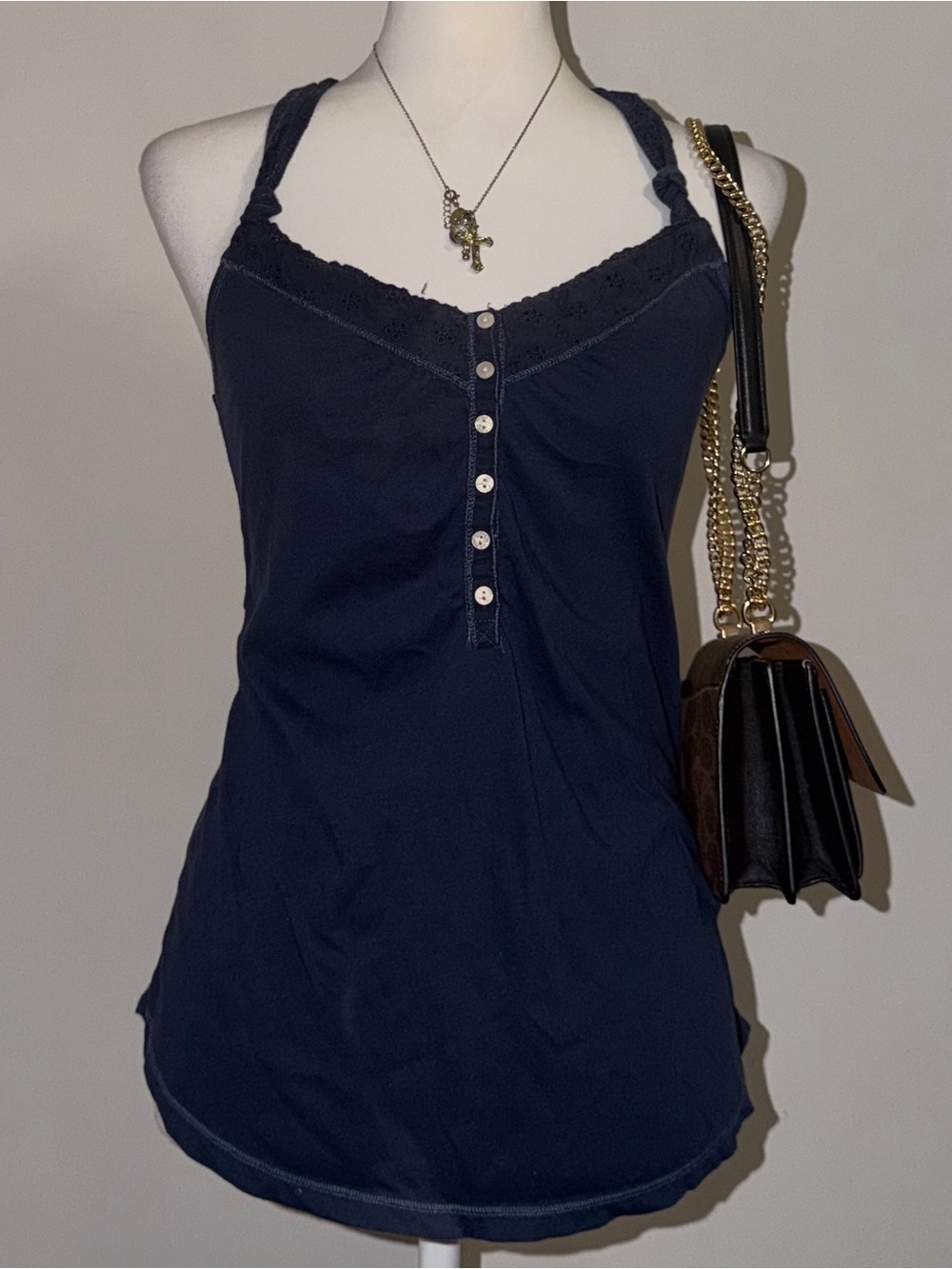 2000s vintage style aeropostale navy eyelet babydoll tank top with button up
